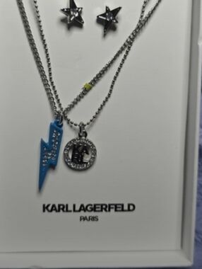 KARL LAGERFELD PARIS Blue Lightning Bolt & Logo Necklace + Star Earring Set NIB